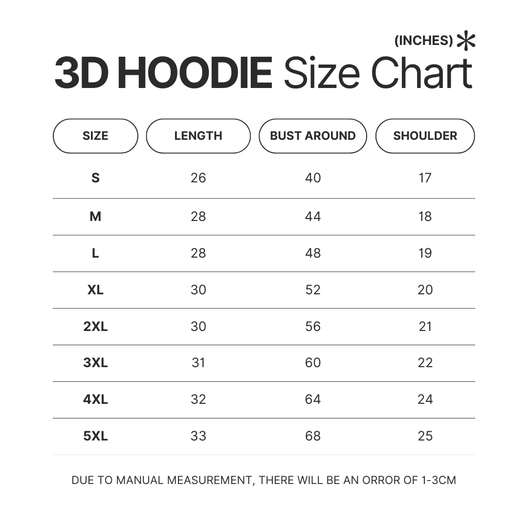 3D Hoodie Size Chart - Unus Annus Store